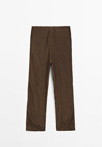 Pantaloni a righe marroni con un design a gamba dritta, caratterizzati da una texture liscia, un elastico in vita e due tasche posteriori.