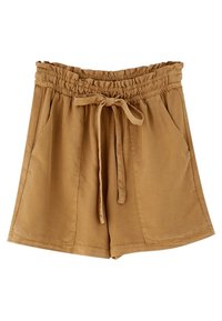 Shorts légers marron avec ceinture élastique, cordon de serrage et deux poches latérales. Texture lisse avec un design simple et classique.