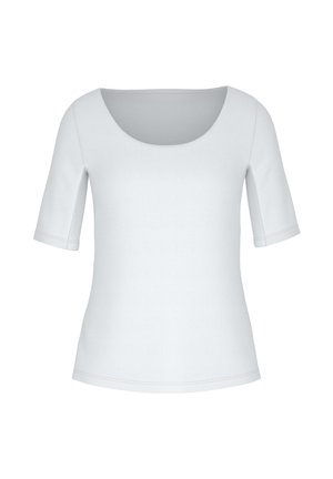 Hvid kortærmet top med rund halsudskæring. Fremstillet af glat, let stof med diskrete syninger og en tætsiddende silhuet.