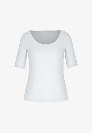 Hvid kortærmet top med rund halsudskæring. Fremstillet af glat, let stof med diskrete syninger og en tætsiddende silhuet.
