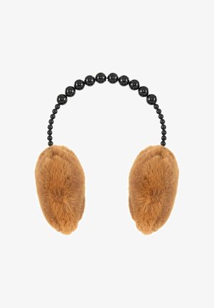 Brązowe nauszniki z fałszywego futra z czarną koralikową opaską. Na usznikach są okrągłe i puszyste, zapewniając miękką teksturę i ciepło.