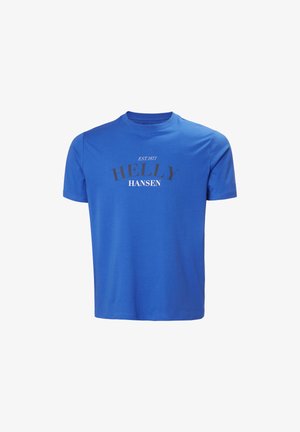 Blue short-sleeve crew neck t-shirt with "EST. 1877 HELLY HANSEN" printed across the chest in black and white text.
