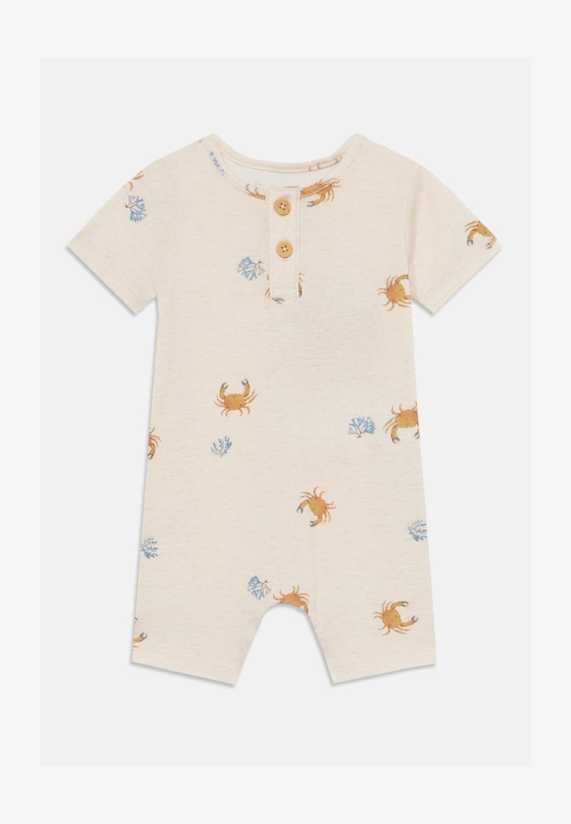 Krátky rukáv kombinéza vyrobená z svetlo béžovej látky, s gombíkovou légou a vzorom krabov a koralov v oranžovej a modrej farbe.