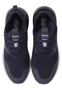 Navy blue athletic shoes with a mesh upper, rounded toe, and contrasting grey sole. Features include laces and branding on the tongue. Size 42.