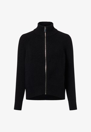 Black knitted zip-up sweater with high collar and long sleeves, displayed on a plain white background.