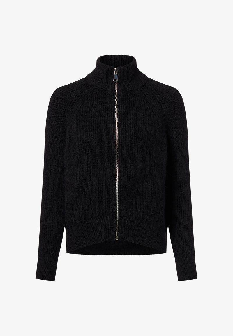 Pull en tricot noir à fermeture éclair, avec col montant et manches longues, présenté sur un fond blanc uni.