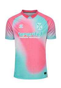 Fotbollströja i gradientdesign från rosa till turkos. Har rundad hals, korta ärmar och ett texturerat tyg med sponsors logotyp.
