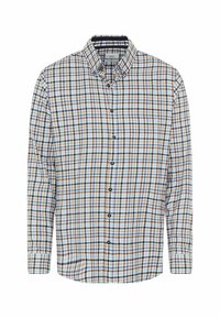 Kariertes Hemd mit langen Ärmeln in Blau-, Braun- und Weißtönen. Aus einem gewebten Stoff gefertigt, mit einem umschlagbaren Kragen und Knöpfen vorne.