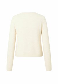 Kremfarvet sweater med lange ærmer, rund halsudskæring og ribkanter, der viser en glat strikket tekstur og et minimalistisk design.