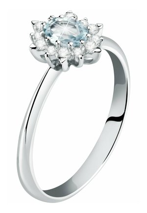 Silberner Ring mit einem runden Aquamarin-Mittelstein, umgeben von kleineren klaren Diamanten in einer blumenartigen Fassung.