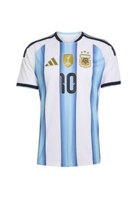 Národní fotbalový dres Argentiny s modrými a bílými vertikálními pruhy, číslem 10, zlatou odznakem FIFA Mistrovství světa 2022 a znakem AFA.