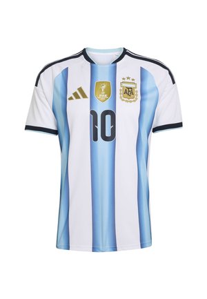 Argentiinan kansallisen jalkapallojoukkueen pelipaita, jossa on sinivalkoiset pystysuorat raidat, numero 10, FIFA:n vuonna 2022 jalkapallon maailmanmestaruuskilpailujen kultainen merkki ja AFA:n logo.