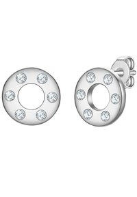 Runda silverörhängen med en central cirkulär utskärning, prydda med sex klara stenar inlagda i en slät metallisk yta.