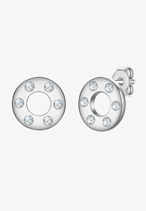 Runde sølvøreringe med en central cirkulær udskæring, prydet med seks klare ed gemstone sat i en glat metaloverflade.