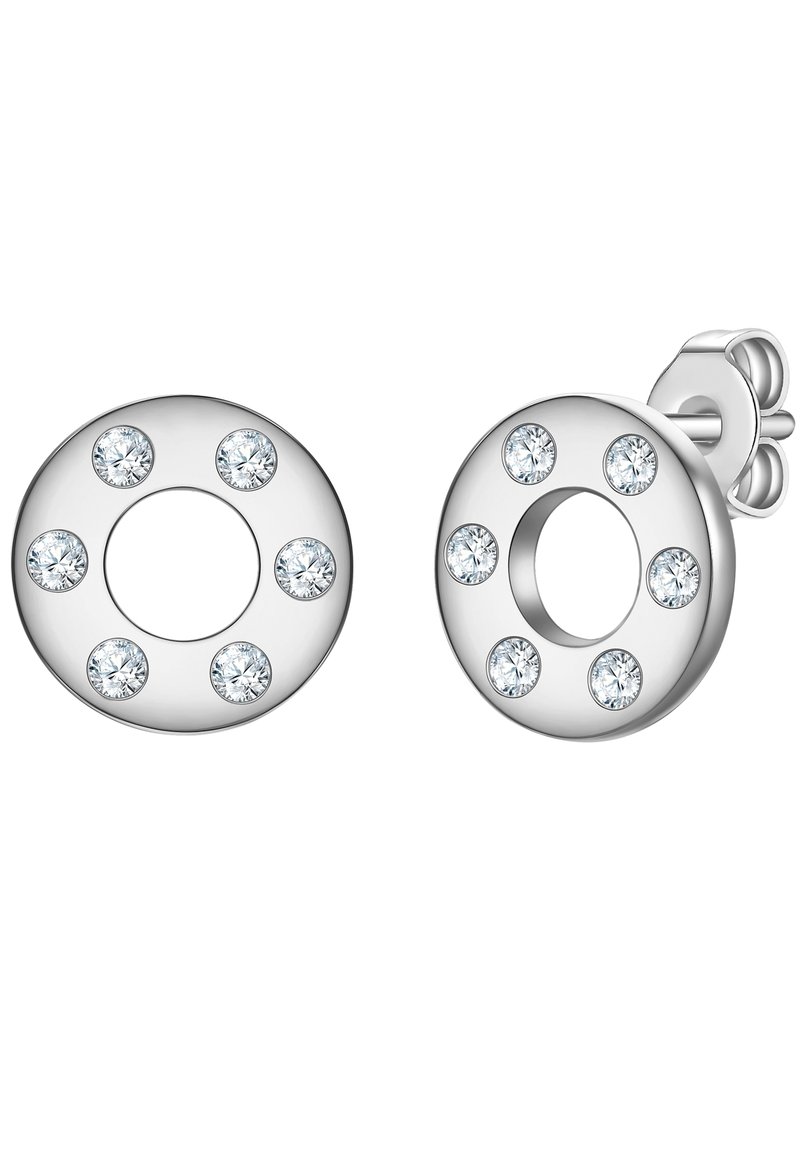 Runda silverörhängen med en central cirkulär utskärning, prydda med sex klara stenar inlagda i en slät metallisk yta.