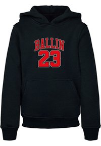 Black hooded sweatshirt featuring a front pocket and red graphic text "BALLIN 23" on the chest. Made of soft fabric with ribbed cuffs.