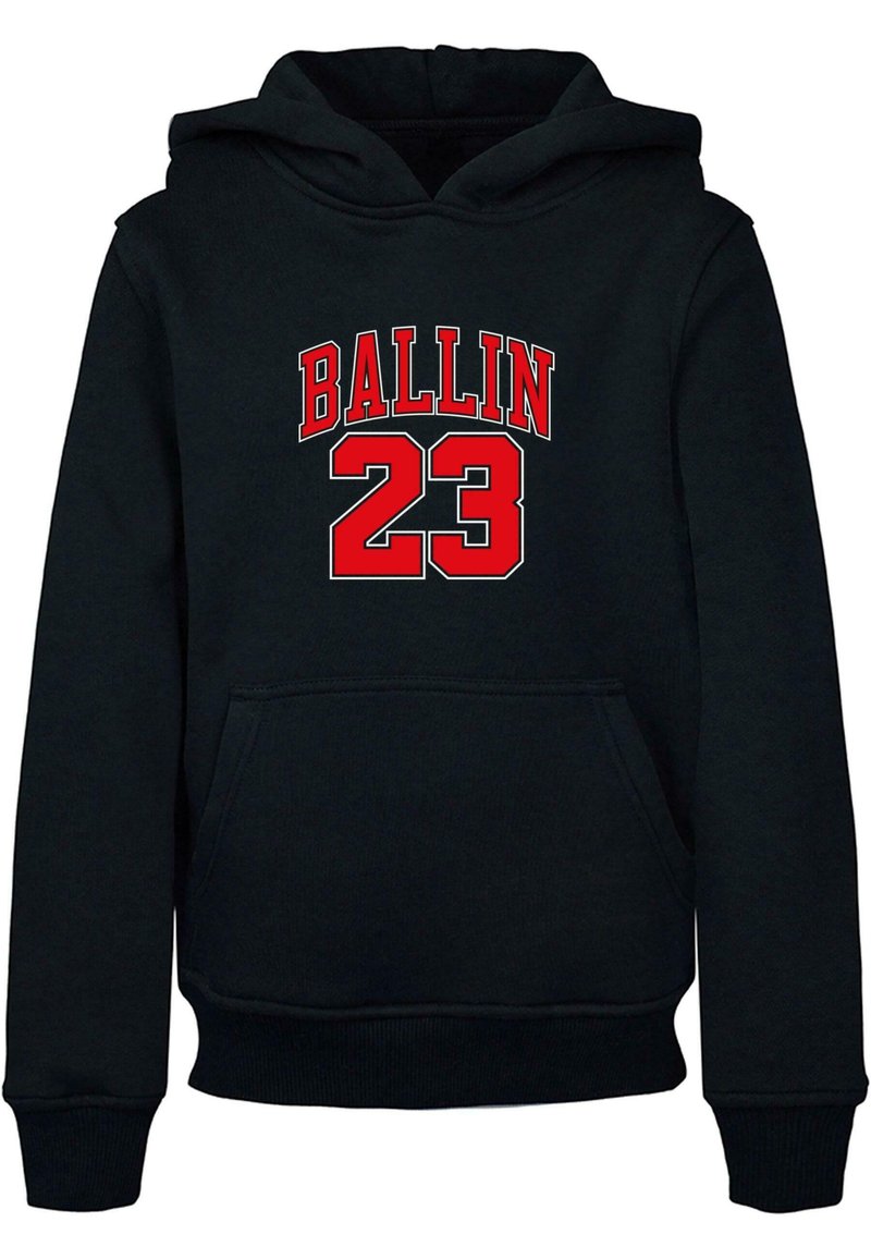 Black hooded sweatshirt featuring a front pocket and red graphic text "BALLIN 23" on the chest. Made of soft fabric with ribbed cuffs.