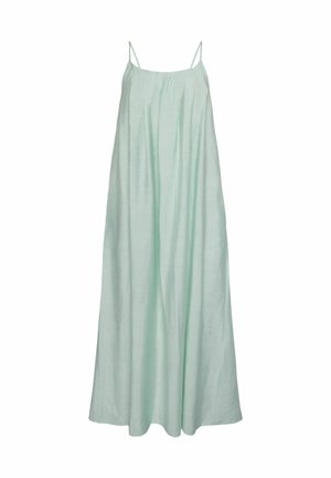 Abito lungo senza maniche di colore verde menta, realizzato in tessuto leggero, con una vestibilità ampia e delicate pieghe sul corpetto.