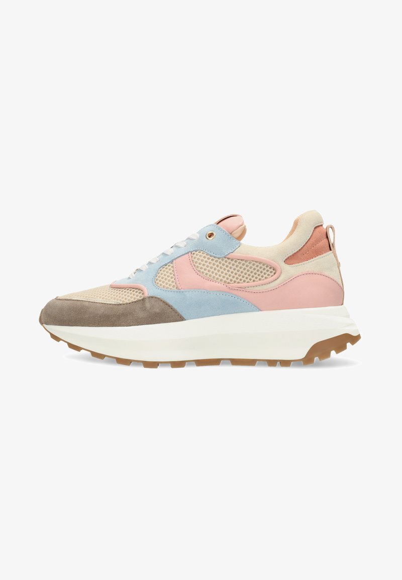 Sneakers made of tan, blue, pink, and beige suede, featuring mesh accents, a white rubber sole, and a textured brown outsole.