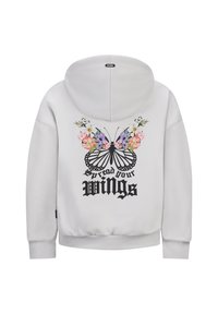 Felpa bianca con cappuccio che presenta una grafica di una farfalla con accenti floreali e il testo "Fai volare le tue ali" in nero, con polsini e orlo a costine.