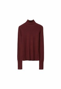 Pull à col roulé à manches longues, rouge foncé, avec col, poignets et bord côtelés, présenté sur fond blanc.