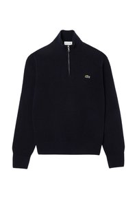 Navy blue knit sweater with a zippered collar, ribbed cuffs, and hem. Features a small green Lacoste logo on the chest.