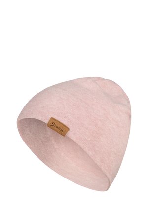 Rosa Strickmütze mit weichem Stoff und umgeschlagenem Bund. Ausgestattet mit einem kleinen braunen Lederetikett mit dem Markennamen.
