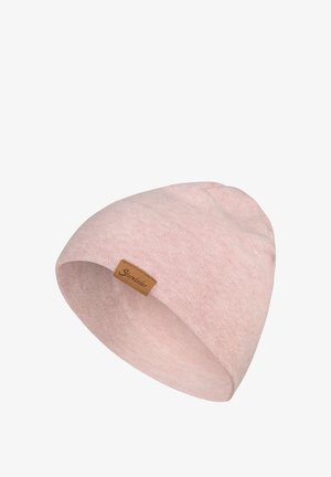 Rosa Strickmütze mit weichem Stoff und umgeschlagenem Bund. Ausgestattet mit einem kleinen braunen Lederetikett mit dem Markennamen.