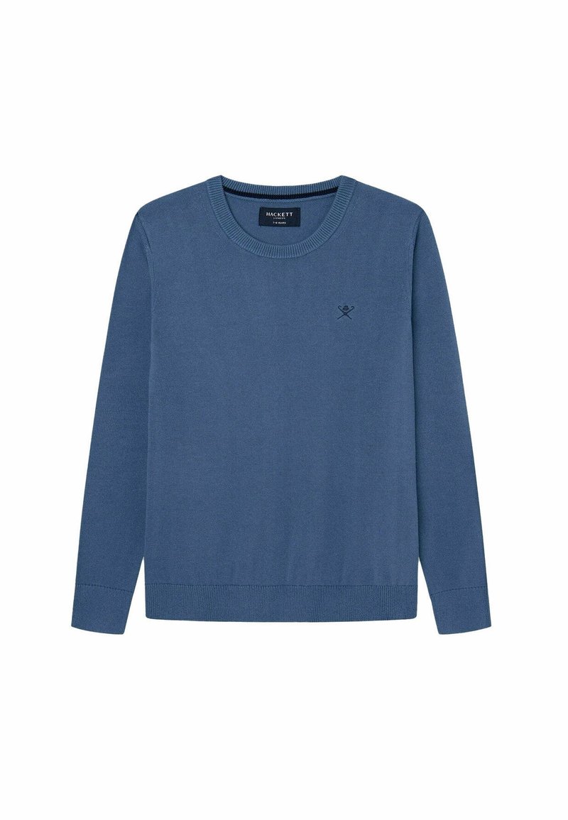 Pull bleu à col rond en maille lisse, avec manches longues et petit logo sur la poitrine. Poignets et bas côtelés.