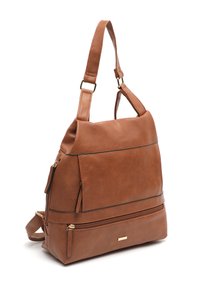 Brown textured leather shoulder bag with a zippered pocket, adjustable strap, and gold-tone hardware accents. Large main compartment.