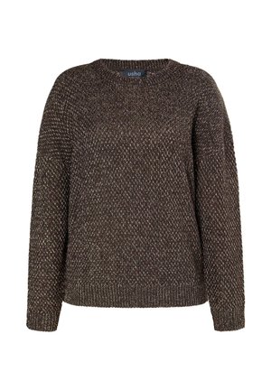 Pullover a maglia marrone scuro e beige con motivo a macchie, maniche lunghe e scollatura rotonda, etichettato "usha" al colletto.