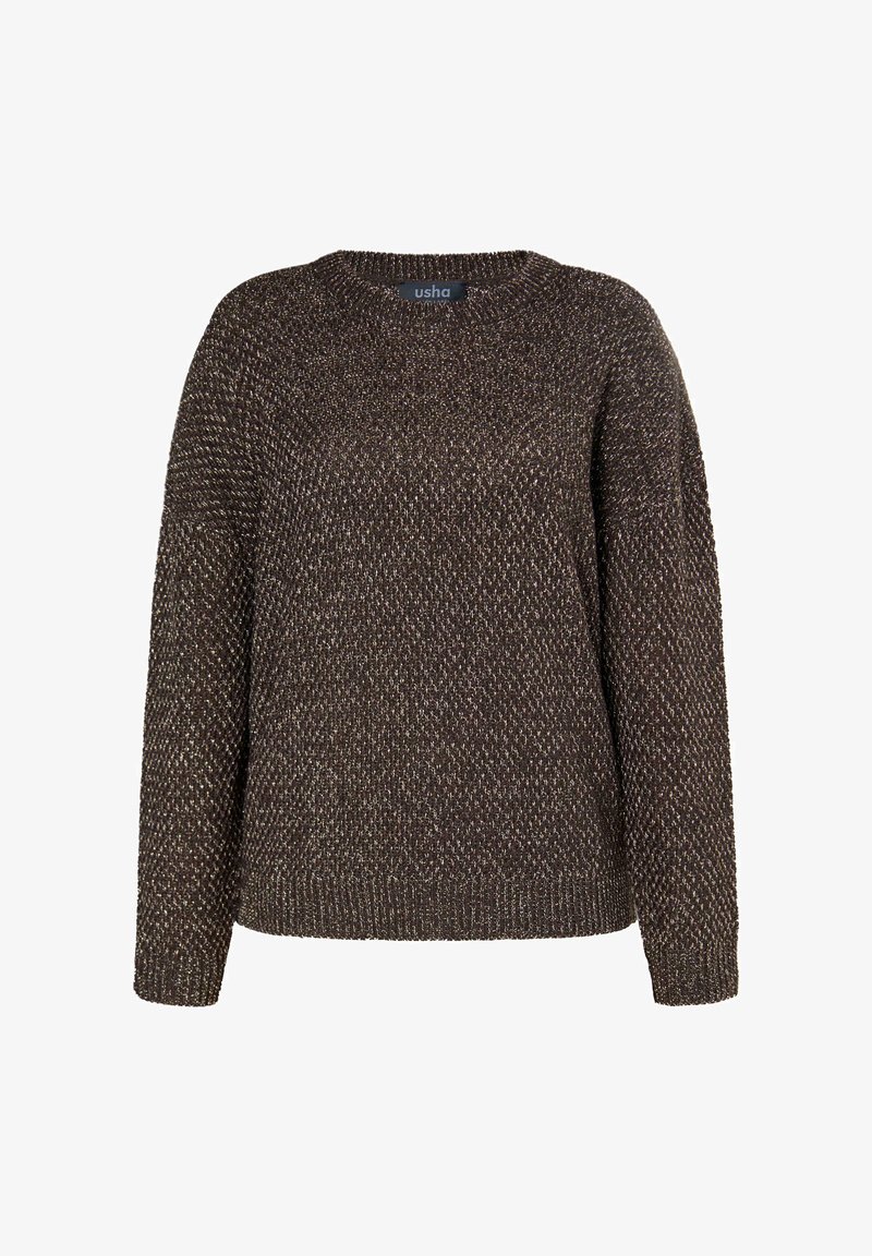 Pullover a maglia marrone scuro e beige con motivo a macchie, maniche lunghe e scollatura rotonda, etichettato "usha" al colletto.