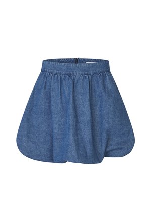 Denimskjørt med rynket midje, ballongform og ensfarget blå farge. Har glidelås bak for lukking. Myk tekstur.