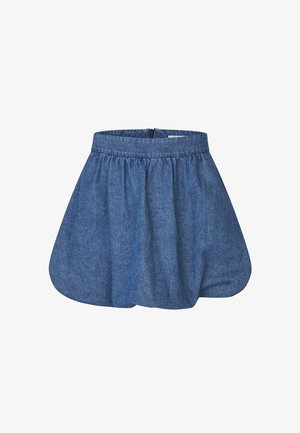 Jeansowa spódnica z marszczonym pasem, o kształcie balonowym i jednolitym niebieskim kolorze. Posiada zamek błyskawiczny z tyłu do zapinania. Miękka w dotyku.
