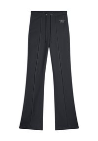 Pantalones de pierna ancha negros, fabricados en tejido suave, con cintura ajustable y pliegues frontales. Logo bordado en plata en la parte superior izquierda.