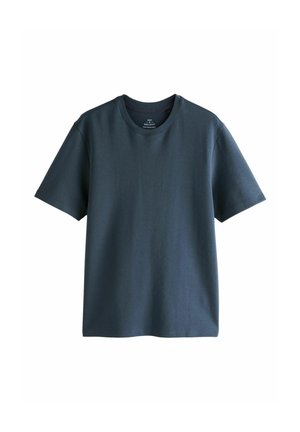 Dunkel marineblaues T-Shirt mit kurzen Ärmeln aus weicher Baumwolle. Es verfügt über einen Rundhalsausschnitt und nahtlose Schultern, mit einer glatten Textur und regulärer Passform.
