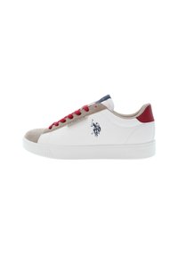 Witte leren sneakers met een beige suède neuskap, rode veters en een marineblauwe hielaccent. Heeft een logo dat op de zijkant is gedrukt en een gestructureerde zool.
