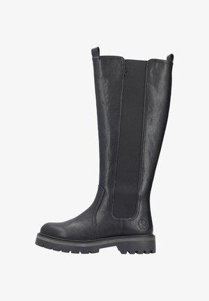 Bottes en cuir noires montantes avec panneaux élastiques sur les côtés, semelle en caoutchouc et finition texturée ; présente un petit logo sur le talon.