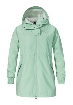 Light green waterproof jacket with a hood, full front zipper, elastic cuffs, and side pockets; smooth texture and casual design.