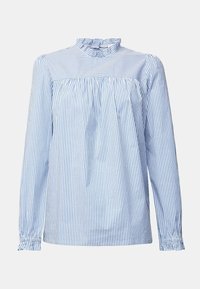 Blouse à manches longues bleu et blanc à rayures verticales, col montant à volants et détails froncés sous la poitrine et aux poignets.