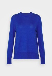 Blauer Pullover mit langen Ärmeln aus glatt gestricktem Stoff. Verfügt über einen hohen, runden Halsausschnitt sowie gerippte Bündchen und Saum. Schlichtes Design ohne Muster.