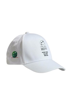 Cappellino da baseball bianco con i loghi "Internazionali BNL d'Italia Roma 2026 EA7 Emporio Armani" sul davanti e un emblema circolare verde sul lato.