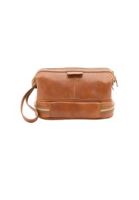 Sacchetto in pelle marrone con chiusura a zip, manico superiore e hardware dorato. Forma rettangolare con dettagli cuciti e finitura testurizzata.