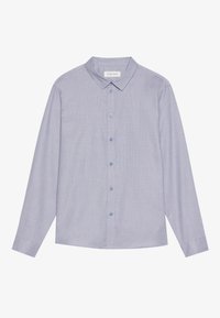 Camicia button-up di colore blu chiaro con un piccolo motivo testurizzato, dotata di colletto a punta, maniche lunghe e bottoni blu davanti.
