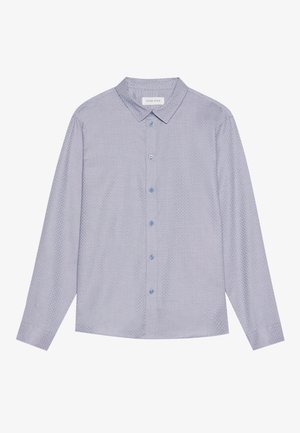 Lichtblauw overhemd met een klein textuurpatroon, voorzien van een verspreide kraag, lange mouwen en blauwe knopen aan de voorkant.
