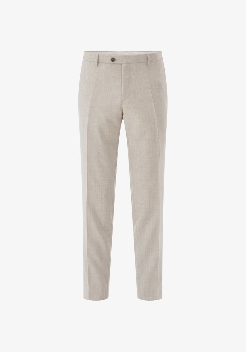 Hellbeige, maßgeschneiderte Hose mit feinem Strukturmuster. Ausgestattet mit einem Slim-Fit-Design, einem Bund mit einem einzelnen Knopfverschluss und Falten.