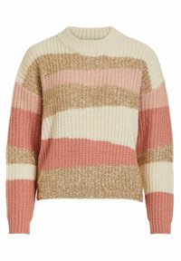 Neulepaita, jossa pyöreä pääntie ja vaakasuorat raidat väriltään kerma, vaaleanpunainen ja kimaltava kulta. Hihansuissa ja helmassa resorit.