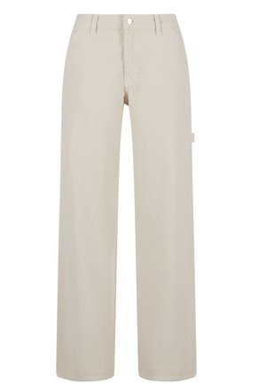 Pantaloni beige a gamba larga realizzati in cotone resistente con una texture liscia, dotati di una tasca laterale e chiusura frontale con bottone.