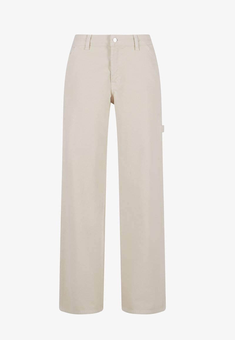 Pantalons larges beige en coton résistant avec une texture lisse, dotés d'une poche latérale et d'une fermeture à bouton devant.