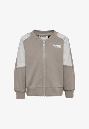 Hellgrauer Zip-Up-Sweatshirt mit kontrastierenden hellgrauen Ärmeln, gerippten Bündchen und Saum. Mit "hummel"-Logo auf der Brust.